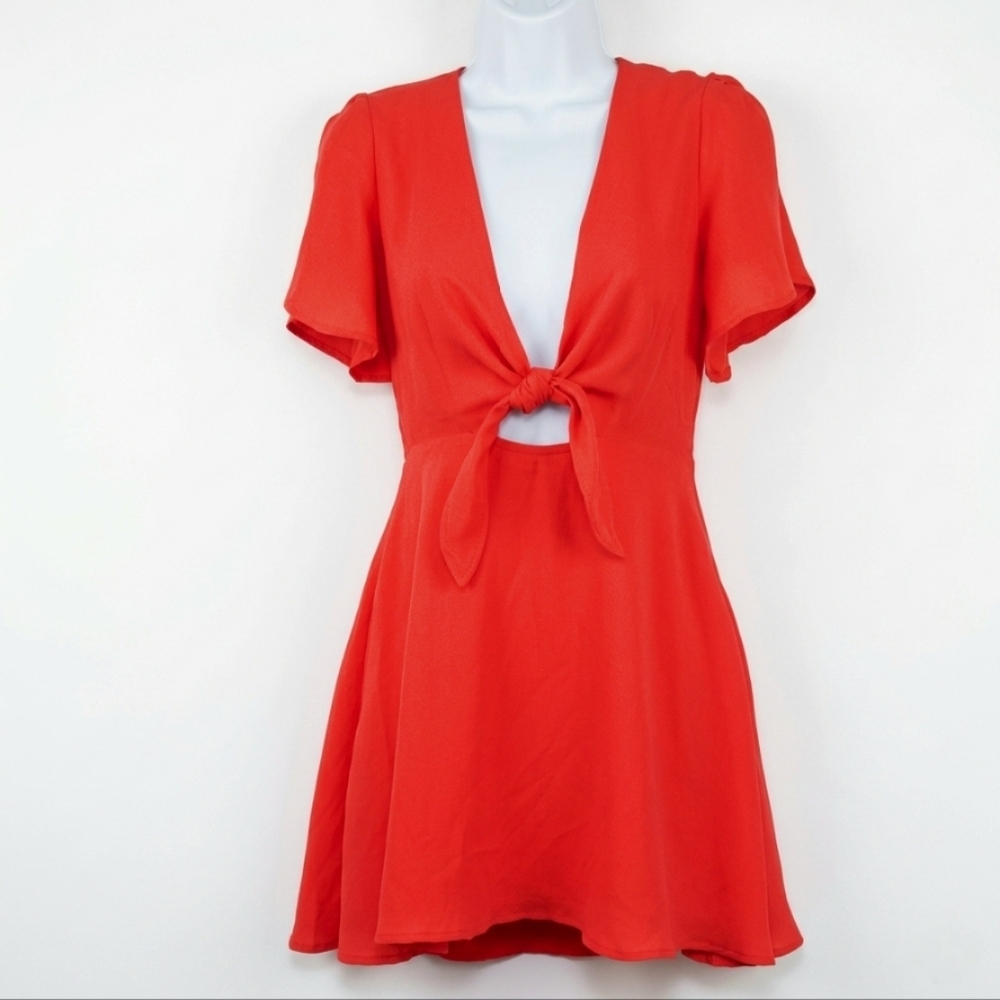 LuLu's Dress Sze XS Red Keyhole Split Flutter Sleeve Summer Tie Front Midi Flirt